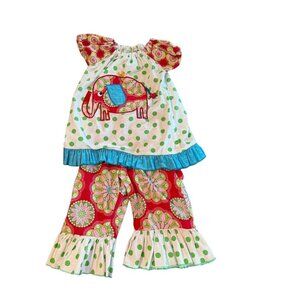 La Jenns Girls 2-Piece Polka Dot Elephant Outfit With Ruffle Top & Pants Size 5